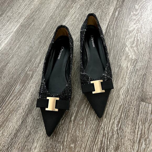 C. Paravano Aida Tweed Pointed Toe Flats Black Gold Metal Bow US 9 Workwear EUC - Picture 2 of 16